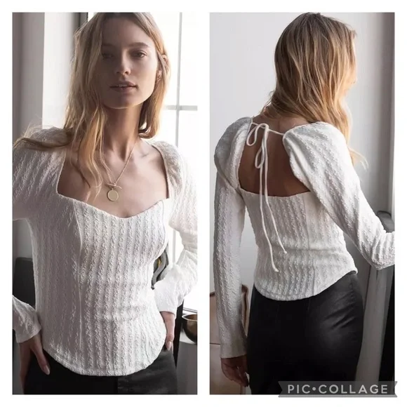Nwt Free People Brittany White Ribbed Puff Sleeve Top - Picture 2 of 7
